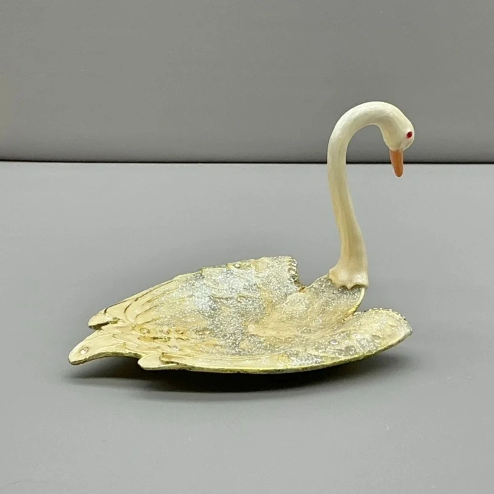 Swan Ring Holder Trinket Dish White Gold Glitter Rhinestone Jewelry Vanity Decor